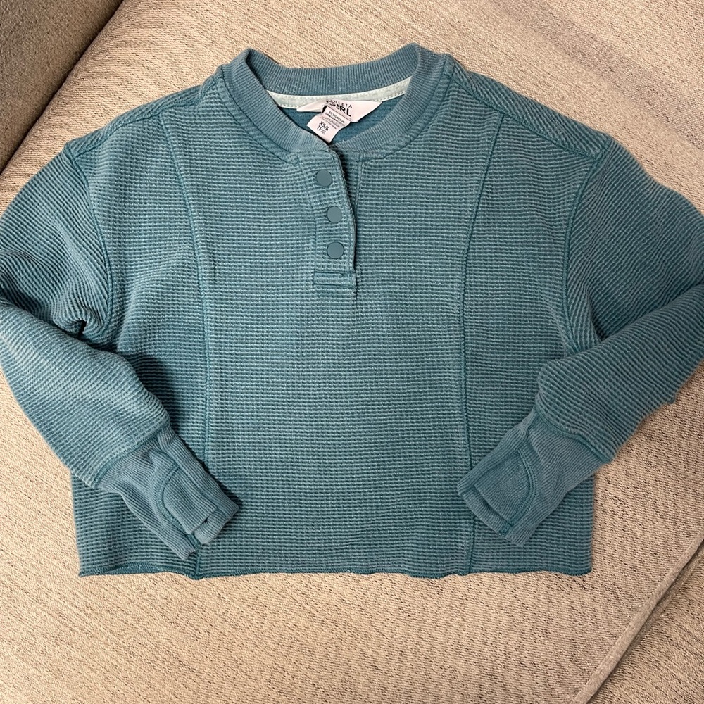 Athleta Blue Waffle Knit Button-Up Top
